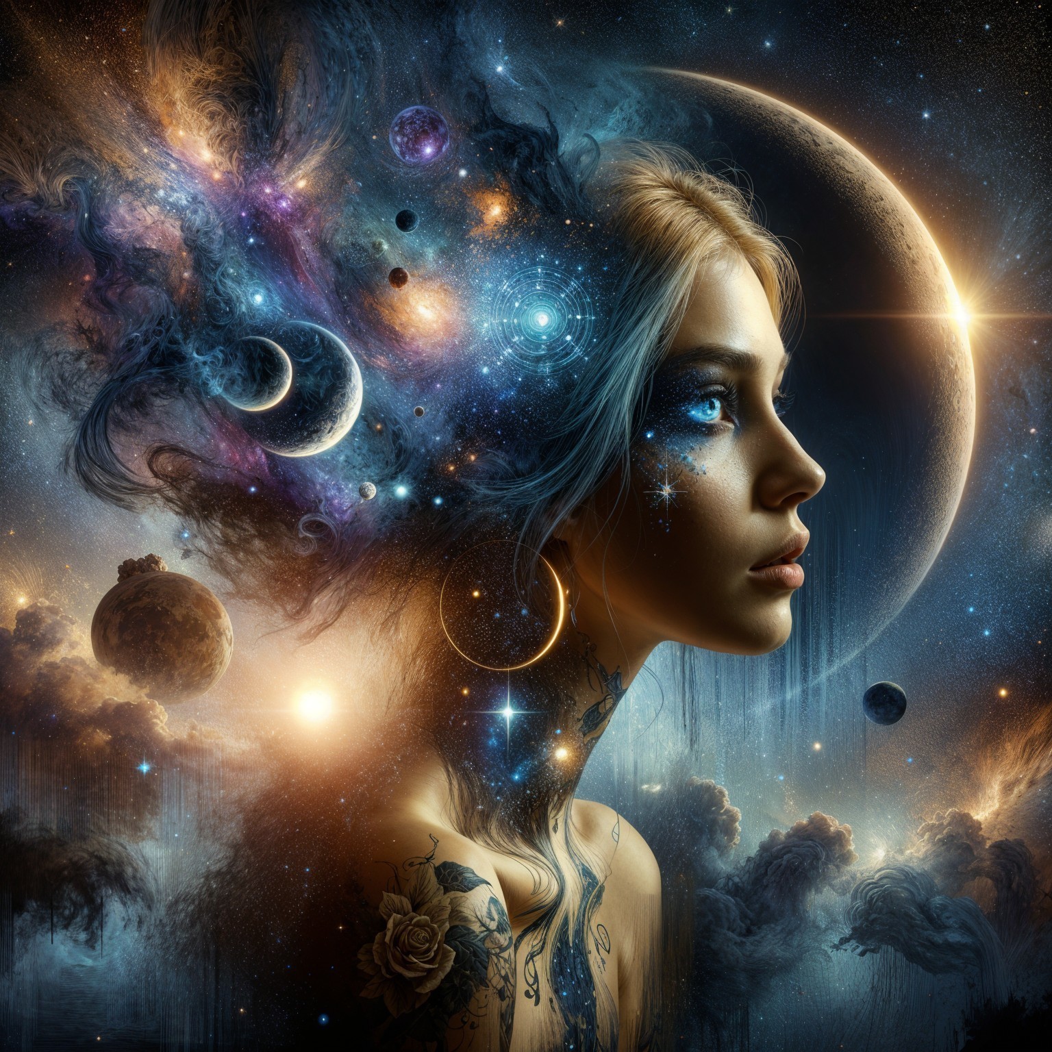 Surreal Portrait of a Woman with Cosmic Elements