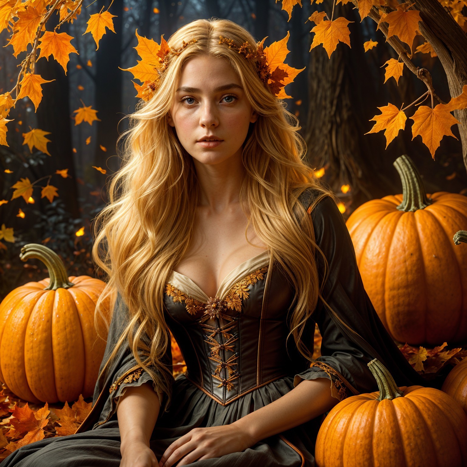 Young Woman in Elegant Dress Surrounded by Pumpkins