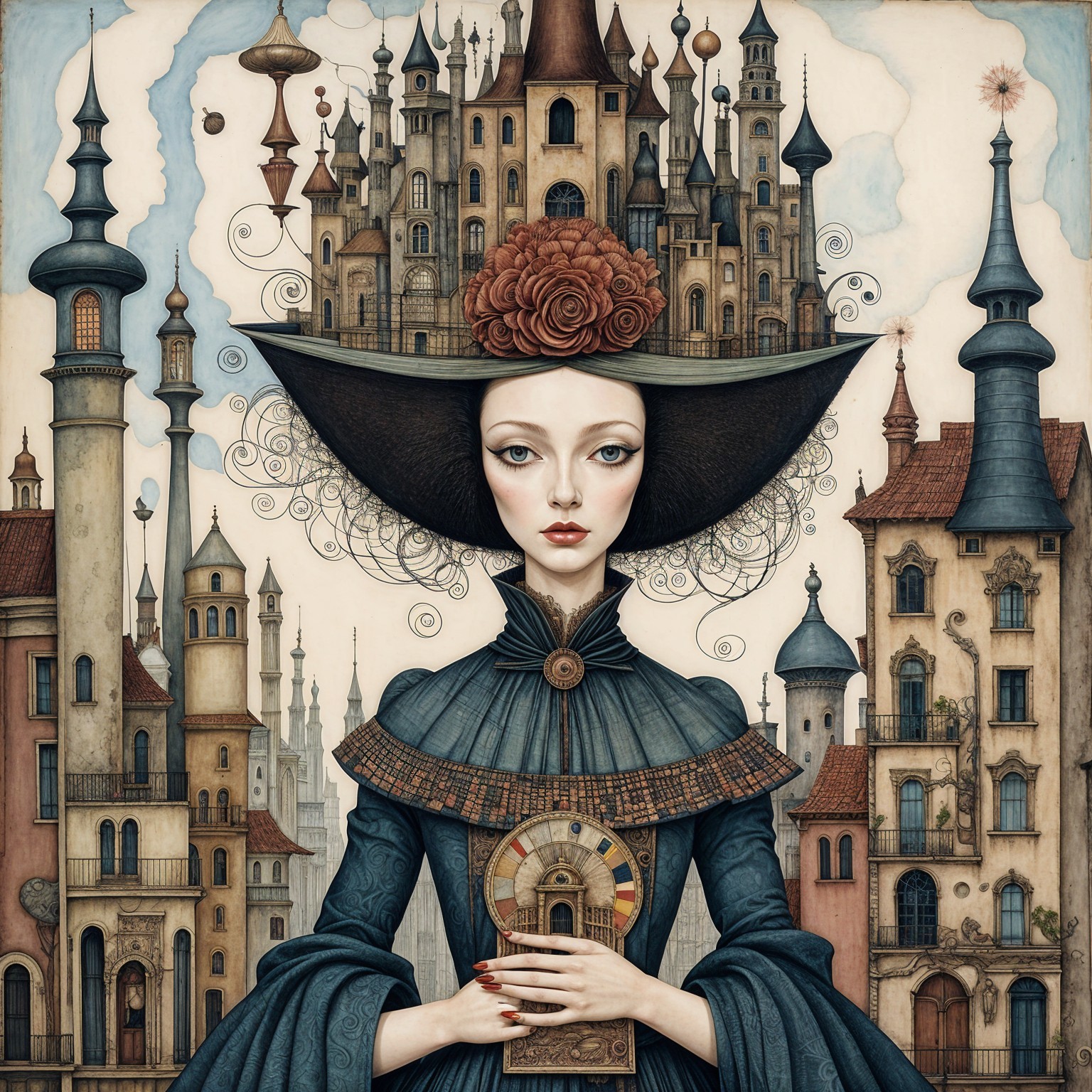 Portrait of a Woman with a Cityscape Hat and Dress