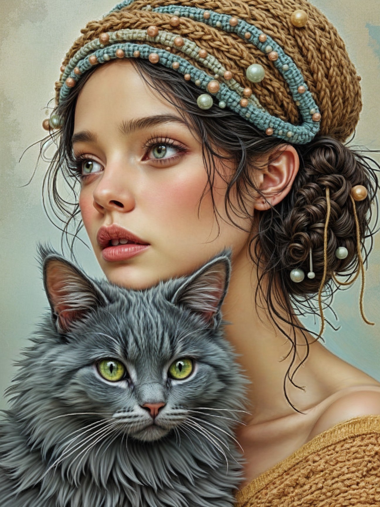 Young Woman with Green Eyes and Gray Cat Portrait