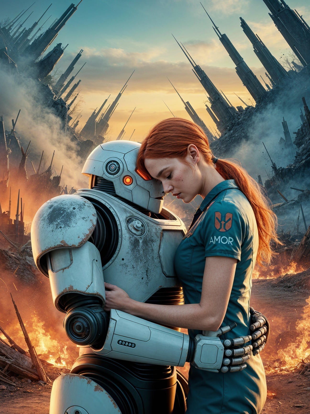 Post-Apocalyptic Scene with Woman and Futuristic Robot