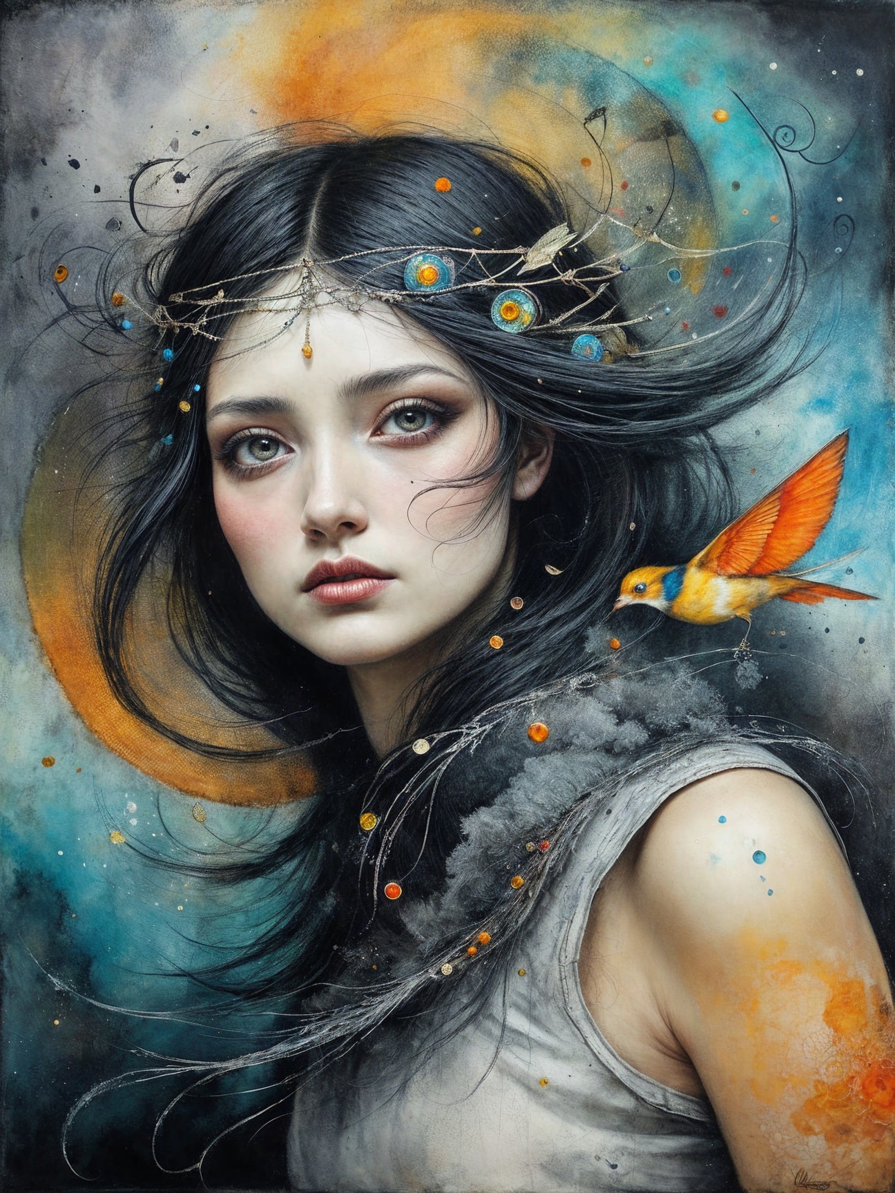 Portrait of a Young Woman with Flowing Black Hair