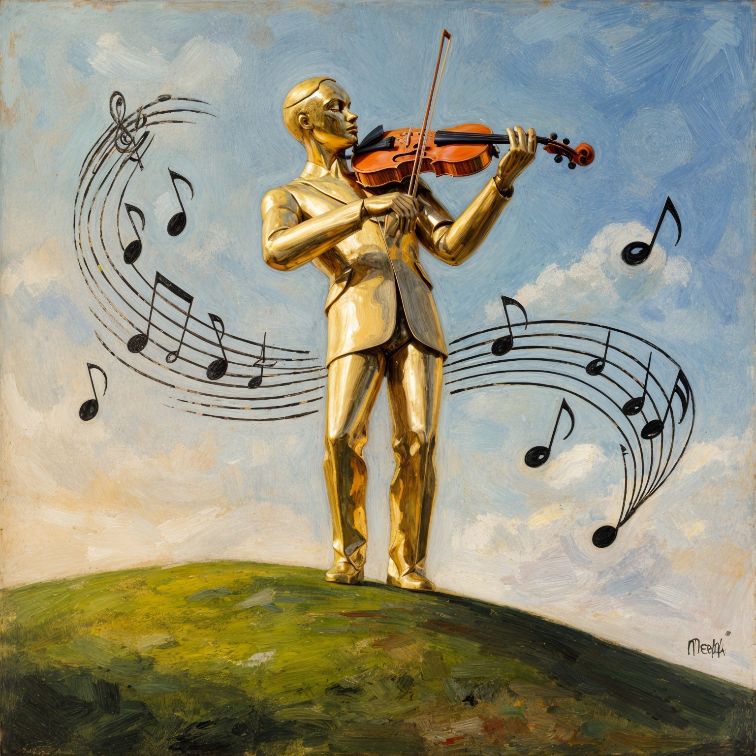Golden Violinist Statue on Grassy Hill with Notes