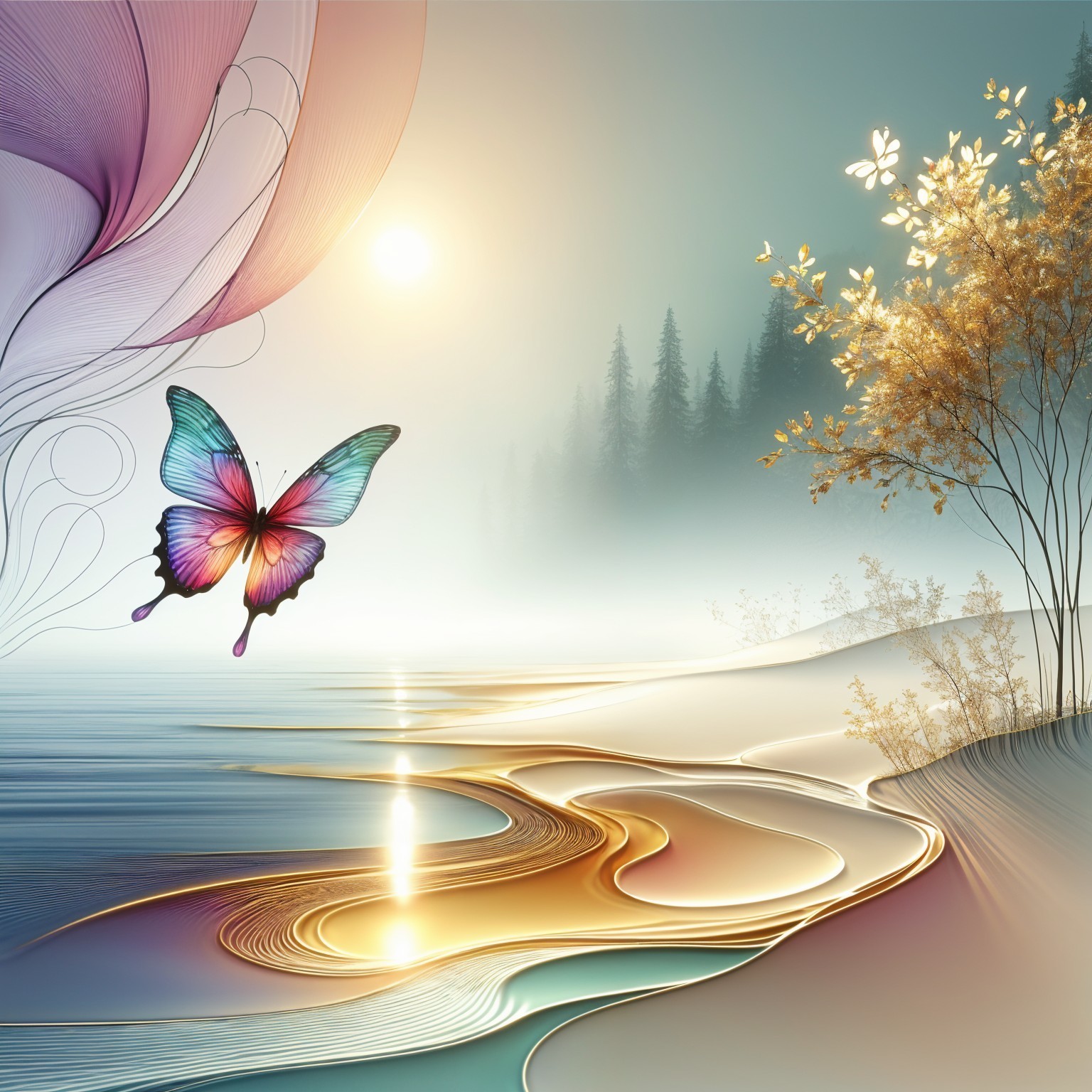 Serene Landscape with Pastel Dawn and Butterfly