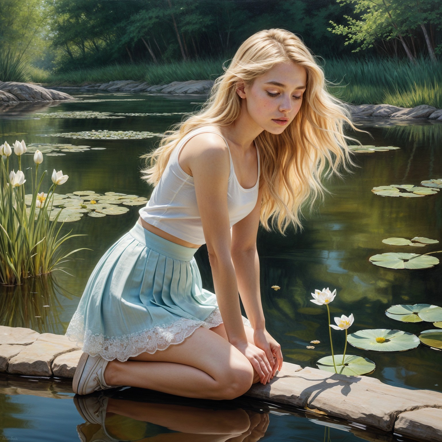 Young Woman by Serene Pond with Water Lilies