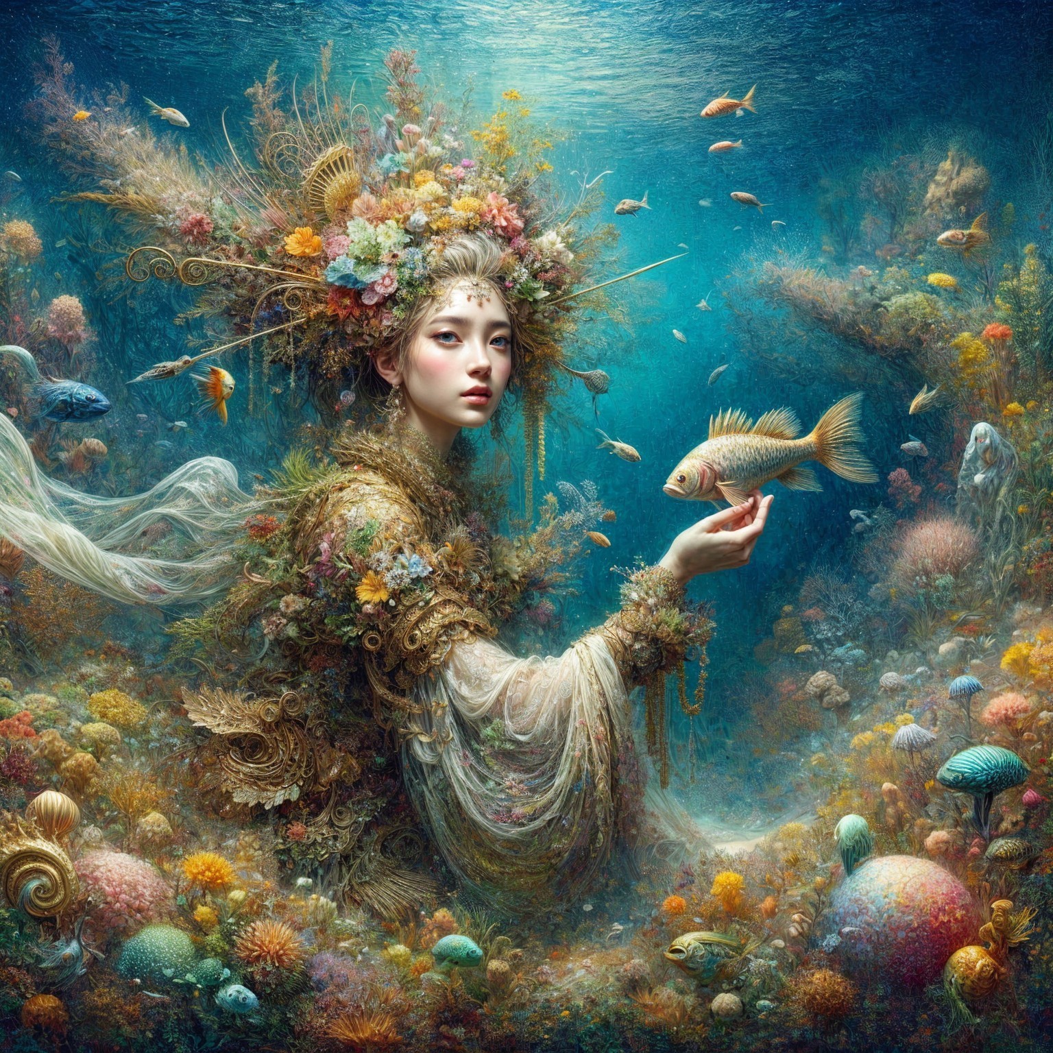 Mystical Underwater Scene with Serene Figure and Fish