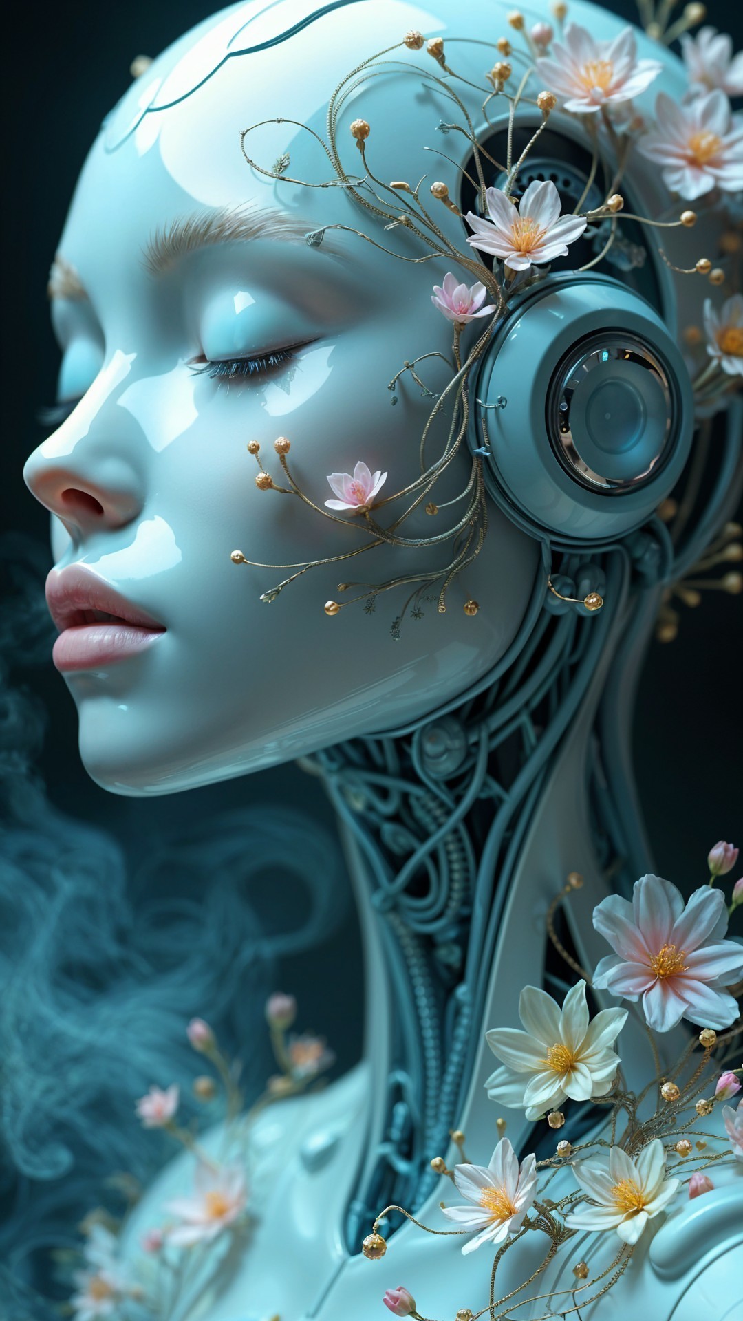 Serene Robotic Figure with Floral and Metallic Elements