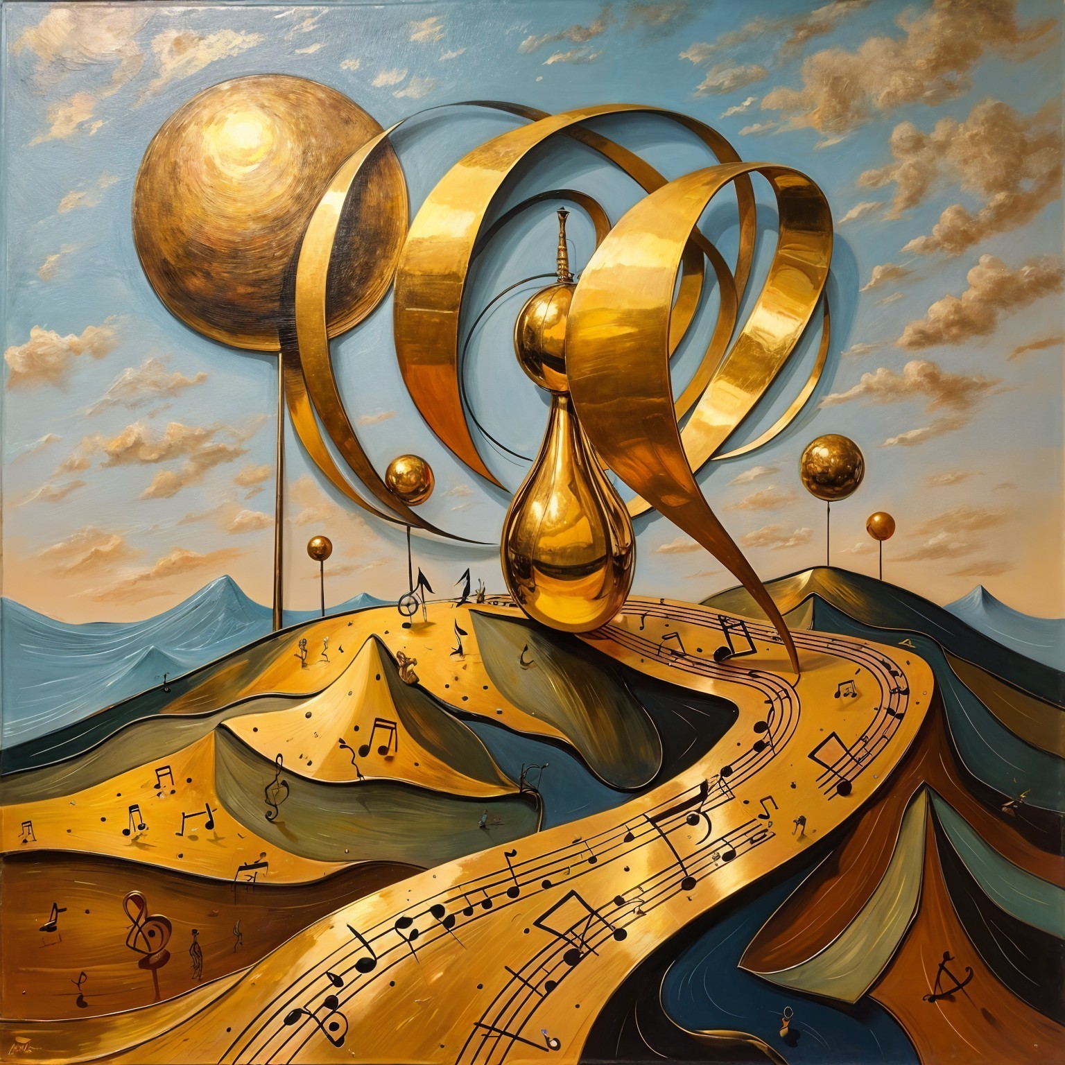 Surreal Landscape with Musical Notes and Ribbons