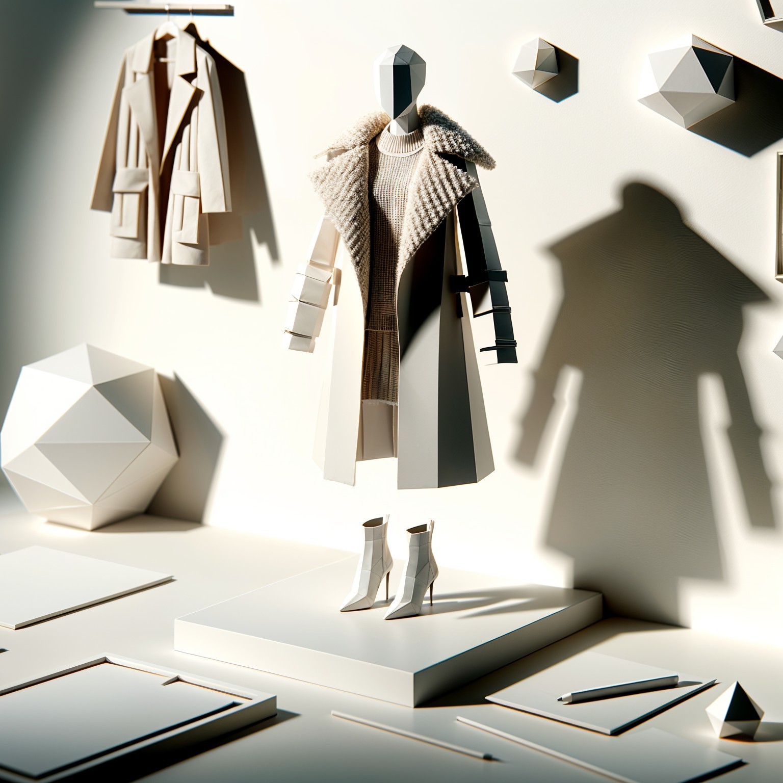 Sophisticated Fashion Display with Textured Outfit and Shapes