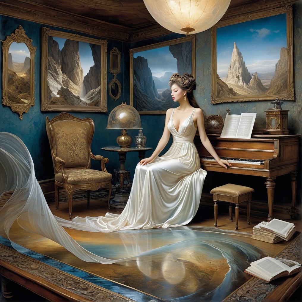 Whimsical Room with Woman, Piano, and Dramatic Art
