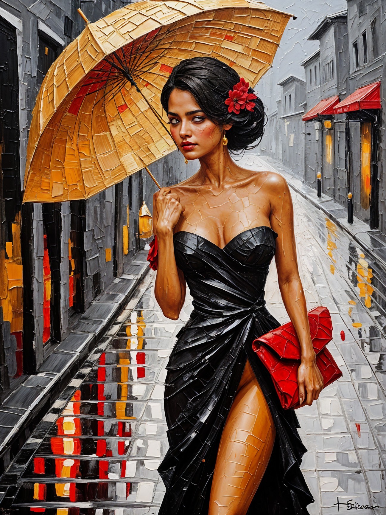 Stylish Woman with Yellow Umbrella on Rainy Street