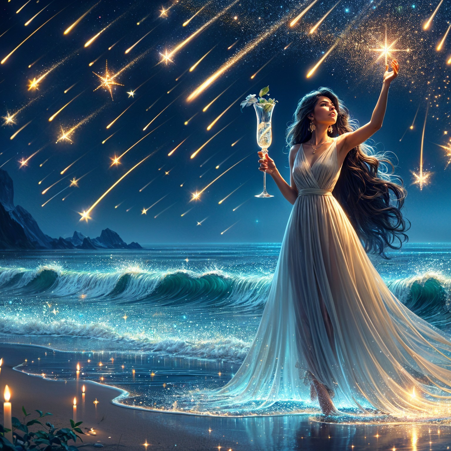 Serene Ocean Night Scene with Woman in White Gown