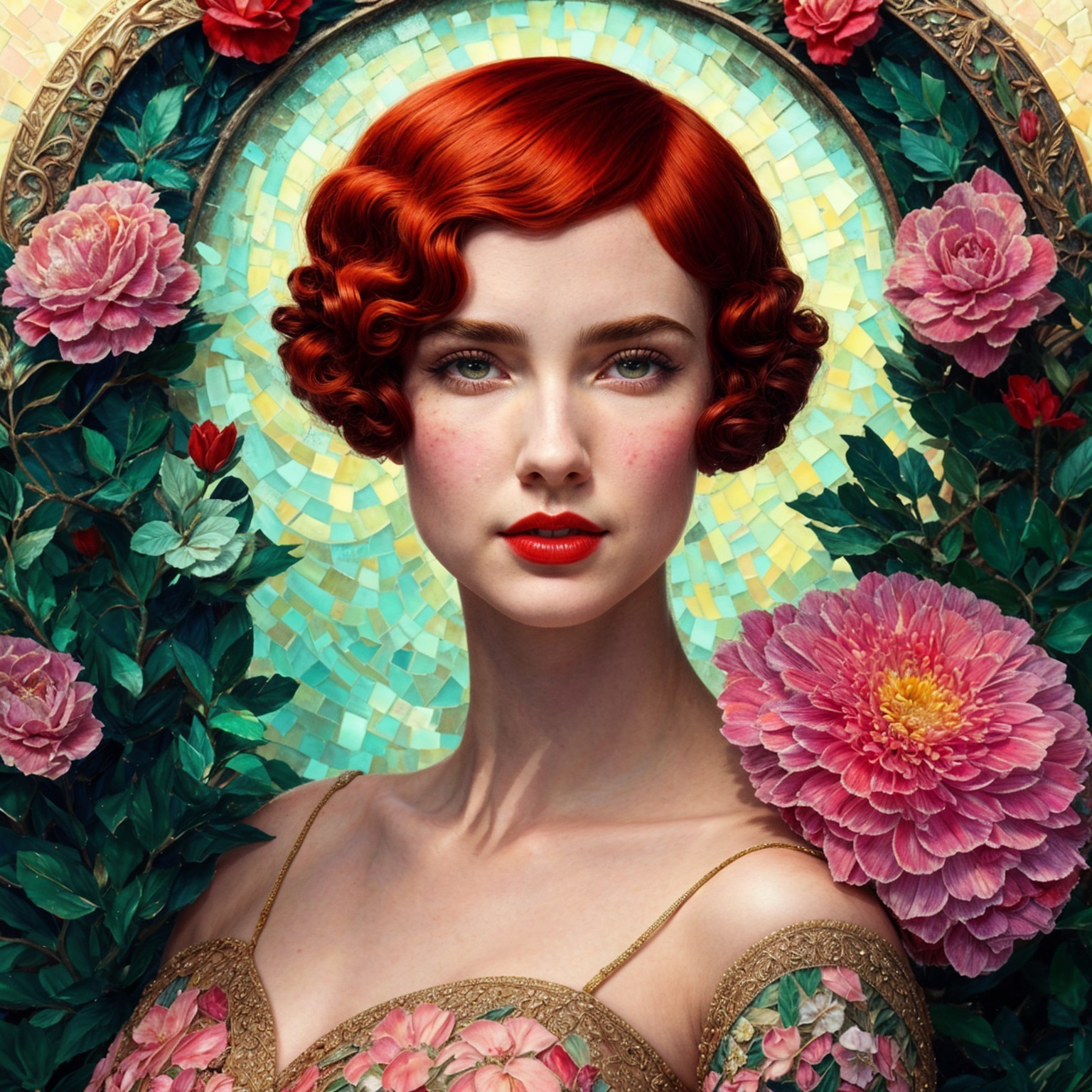 Portrait of a Woman with Red Hair and Floral Dress