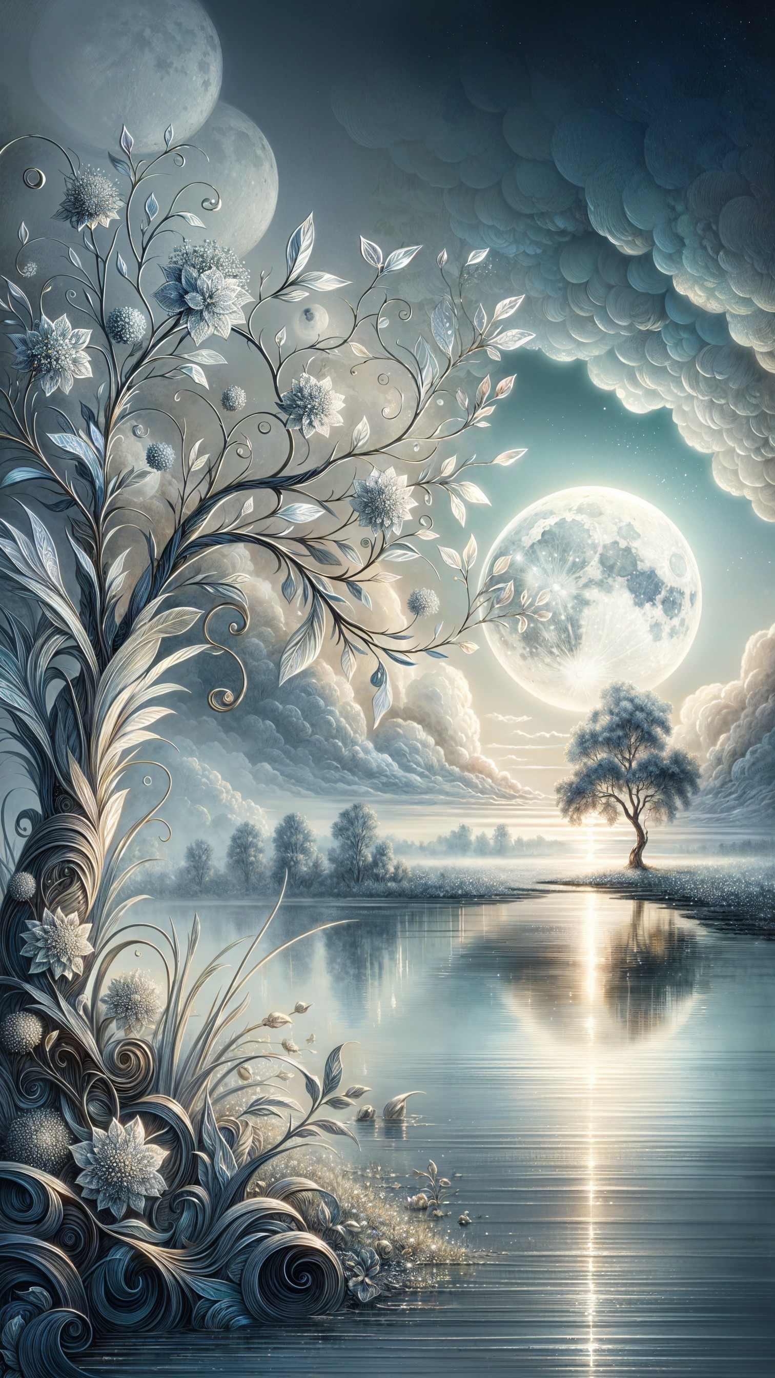 Serene landscape with tranquil lake and moons