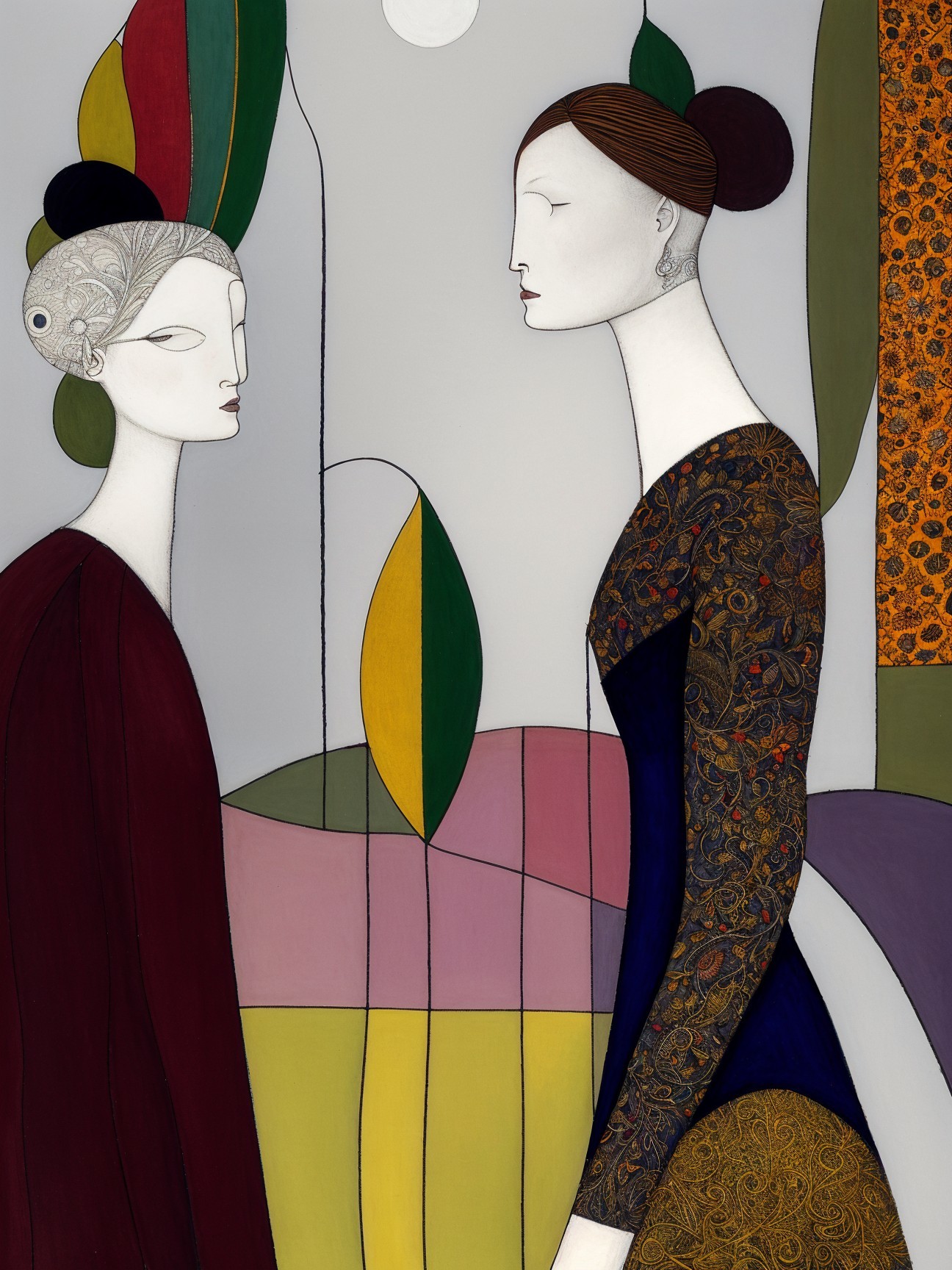 Elegant Figures in Abstract Landscape with Moon