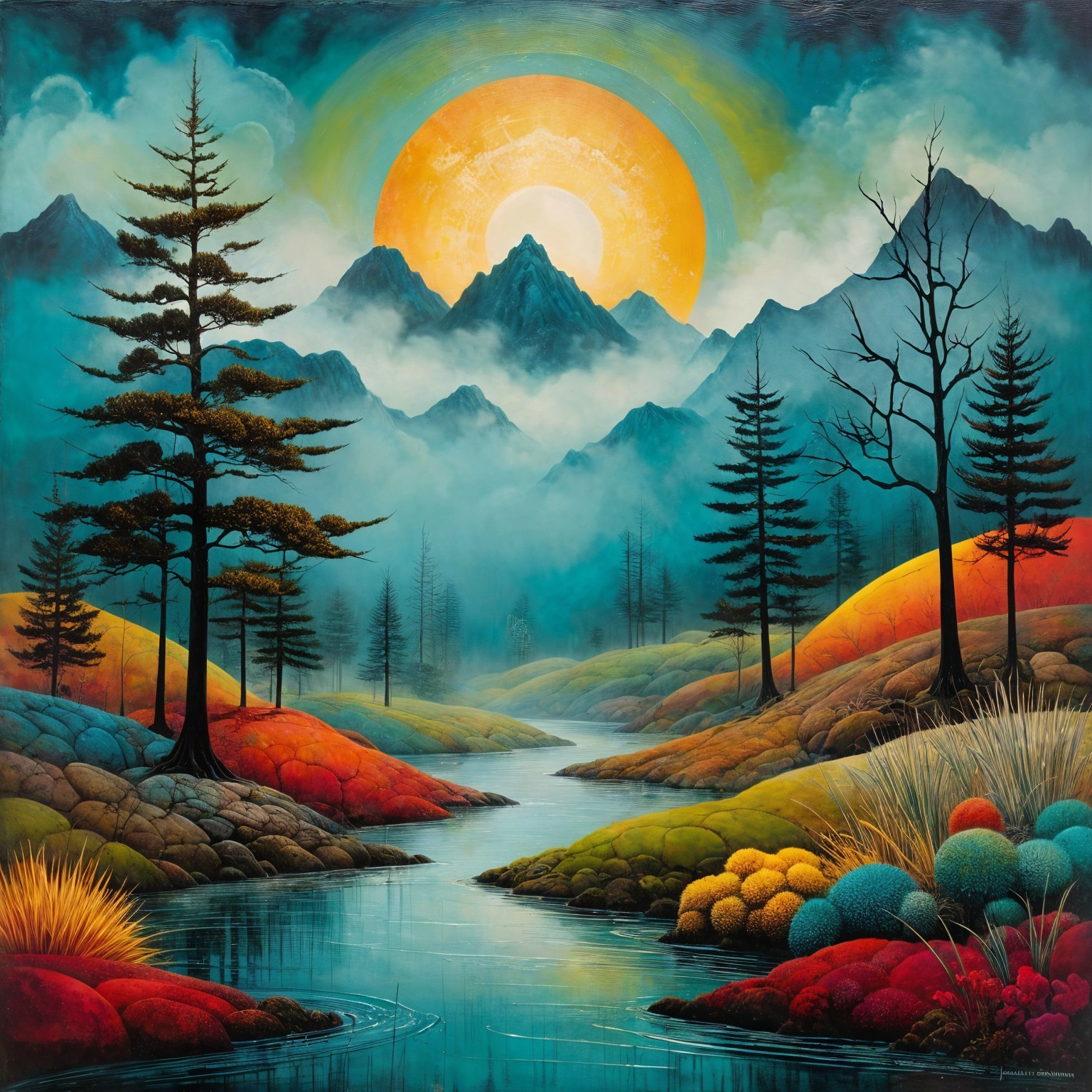 Vibrant Landscape with Colorful Hills and River