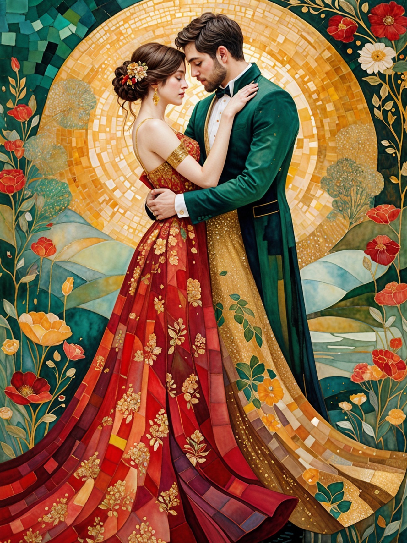 Couple in Elegant Embrace with Floral Motifs