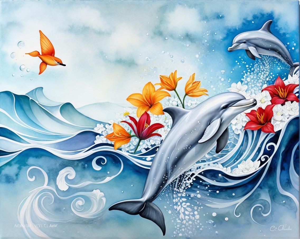 Vibrant Underwater Scene with Dolphins and Flowers