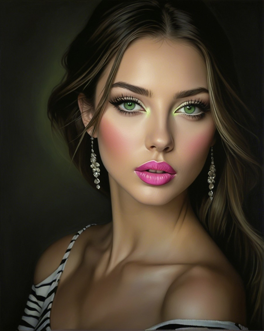 Portrait of a Young Woman with Green Eyes and Pink Lips