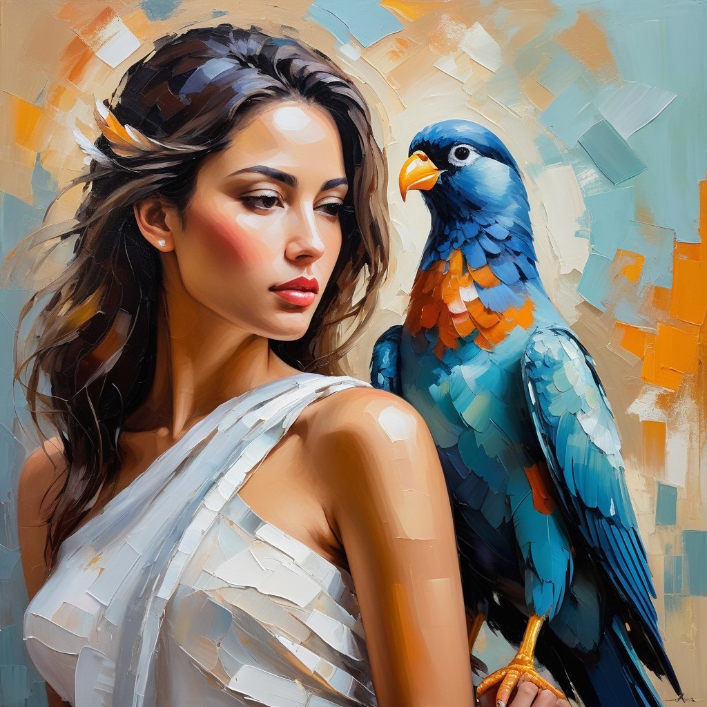 Portrait of a Confident Woman with Vivid Bird Companion