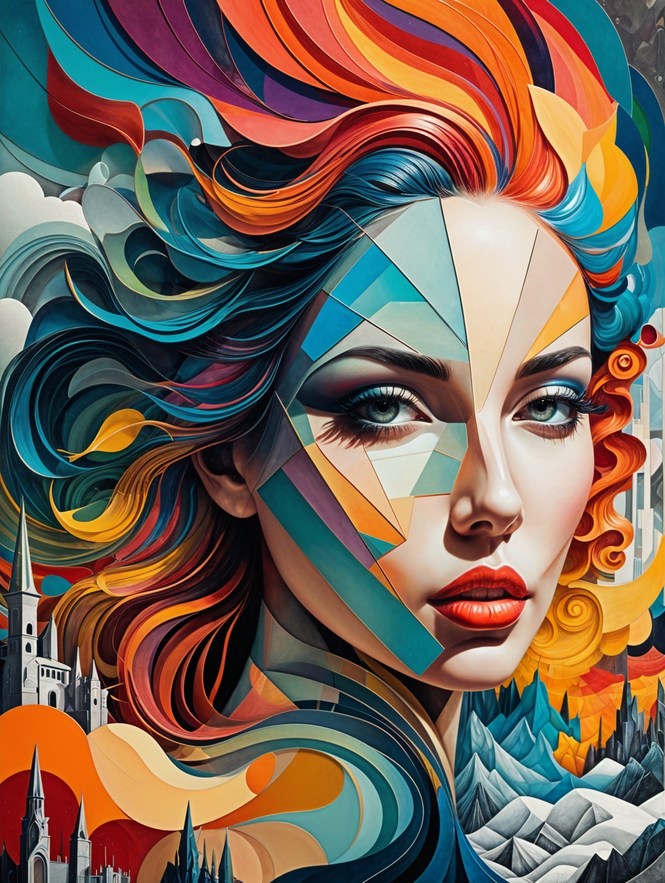 Vibrant Abstract Portrait of a Woman with Geometric Shapes