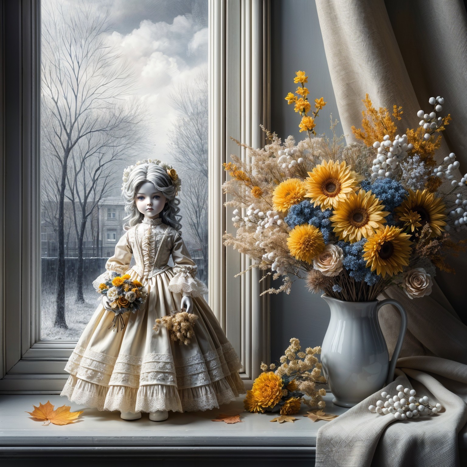 Porcelain doll in beige gown by a window with flowers