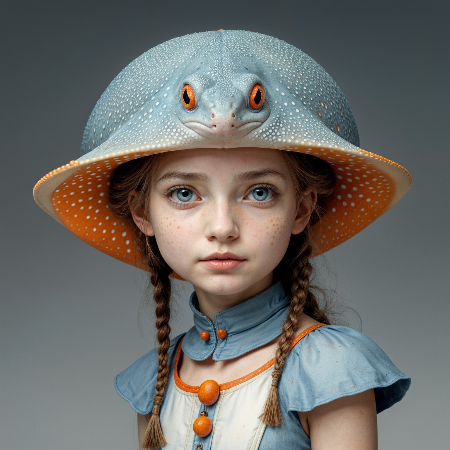 Young girl in stingray hat with vintage dress