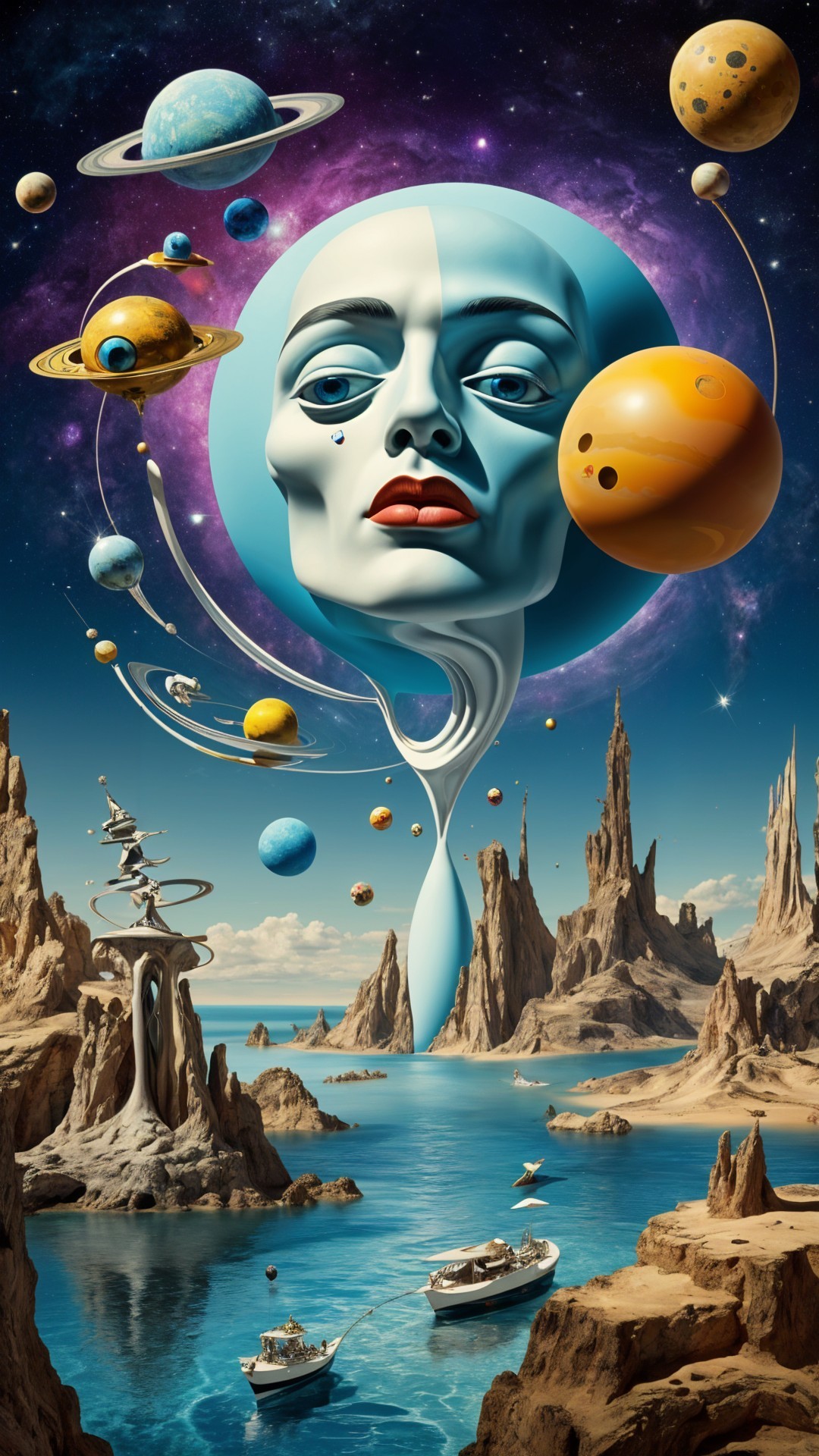 Surreal Landscape with Cosmic Elements and Waterway