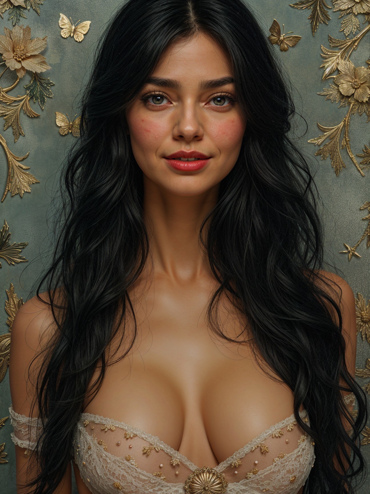 Elegant Portrait of Woman with Black Hair and Bodice