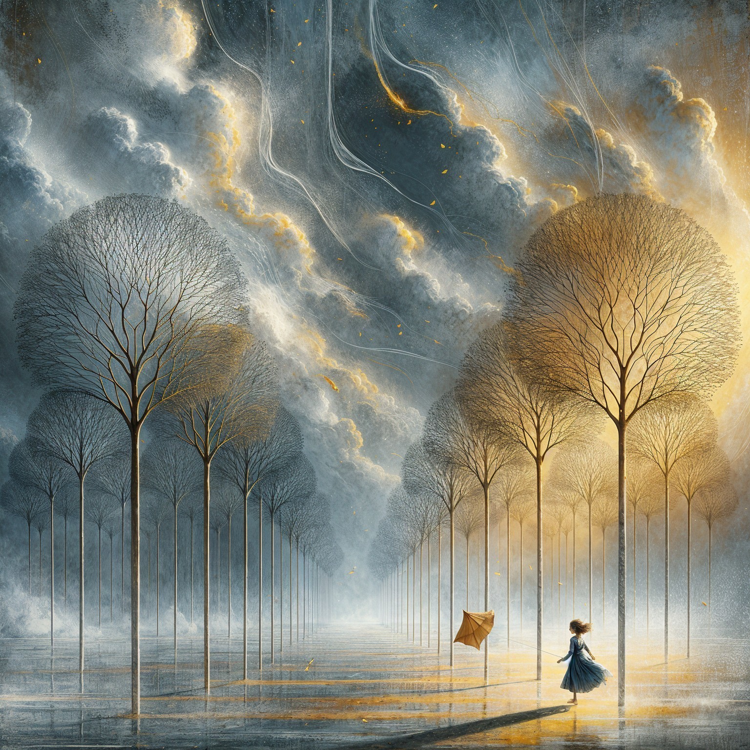 Dreamy Landscape with Trees and Child in Blue Dress