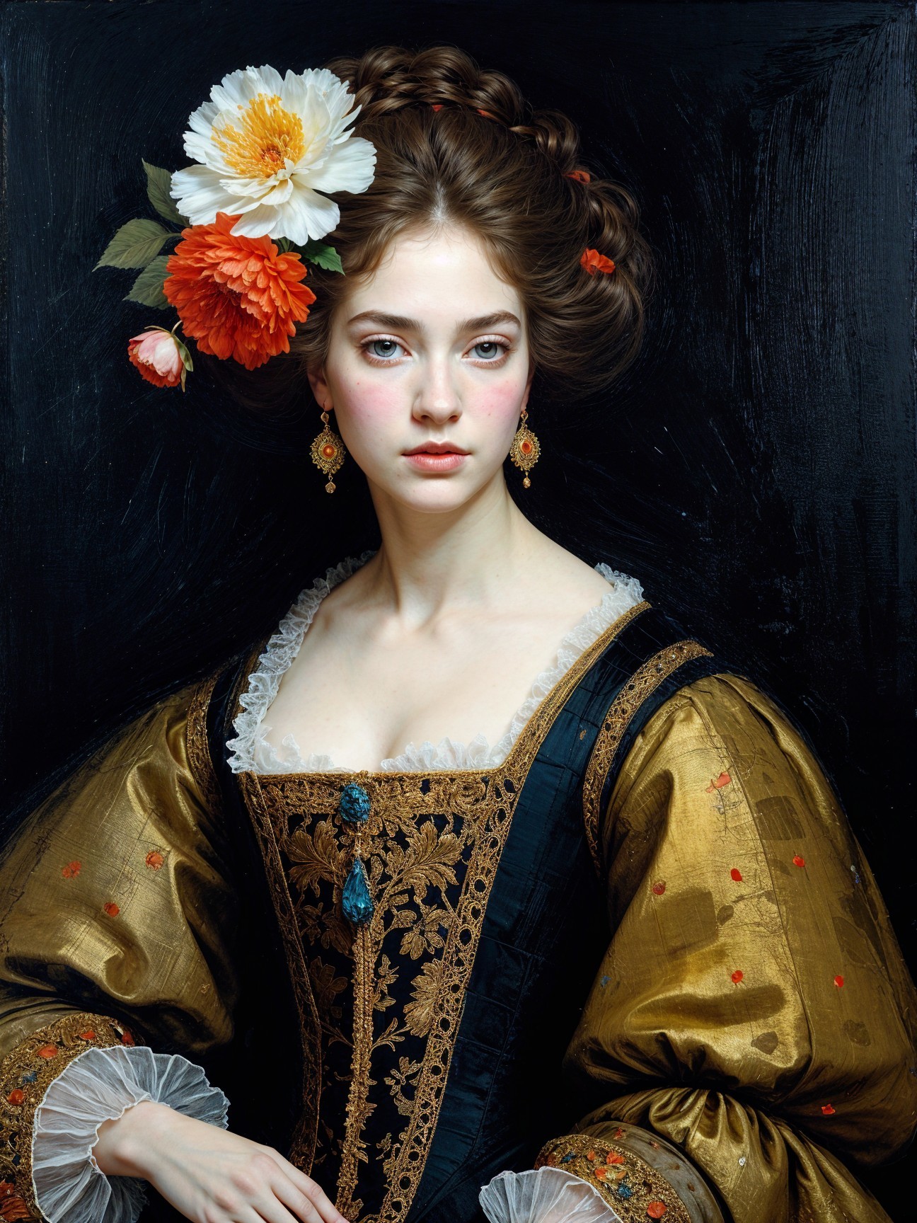 Young woman in embroidered gown with floral accents