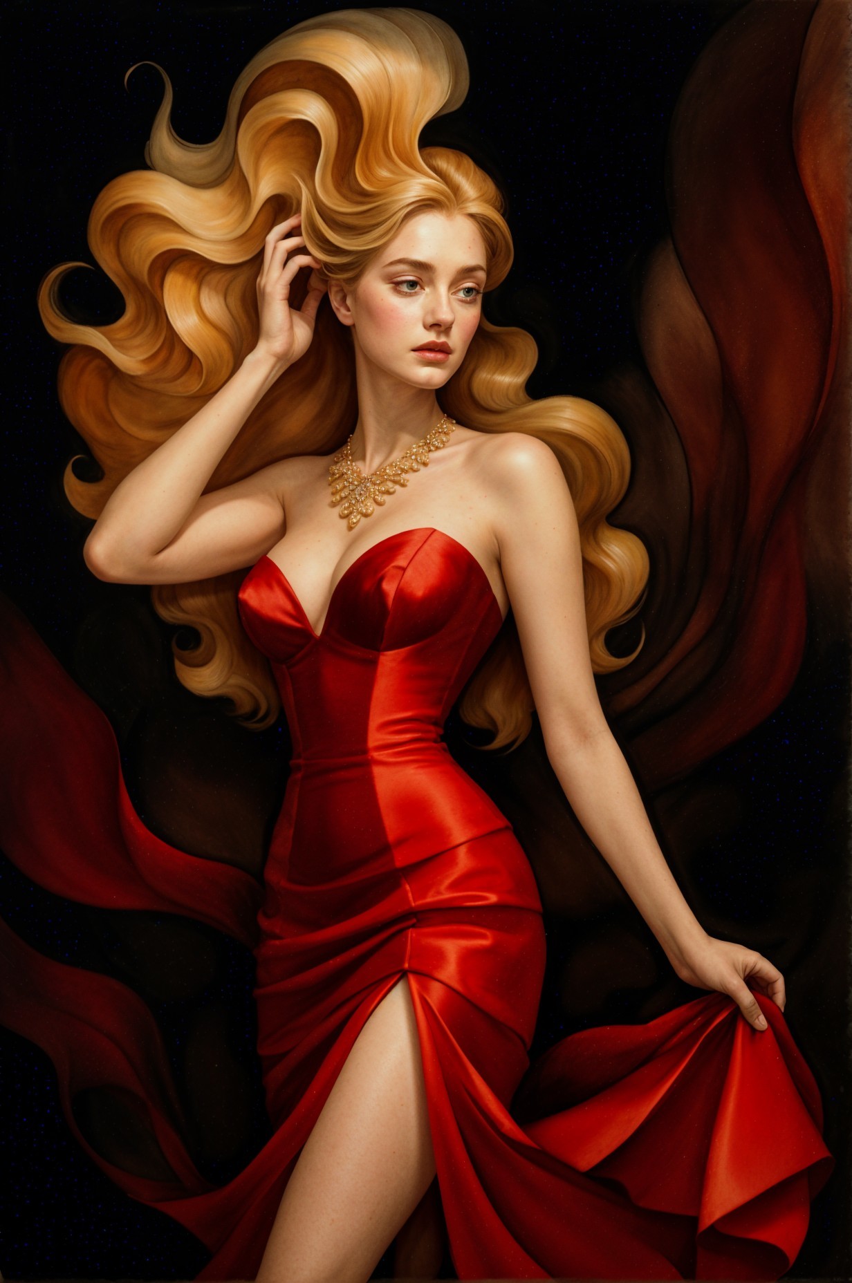 Elegant Woman in Red Gown with Golden Hair