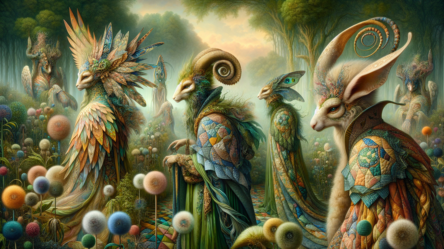 Whimsical Scene in an Enchanted Forest with Unique Creatures