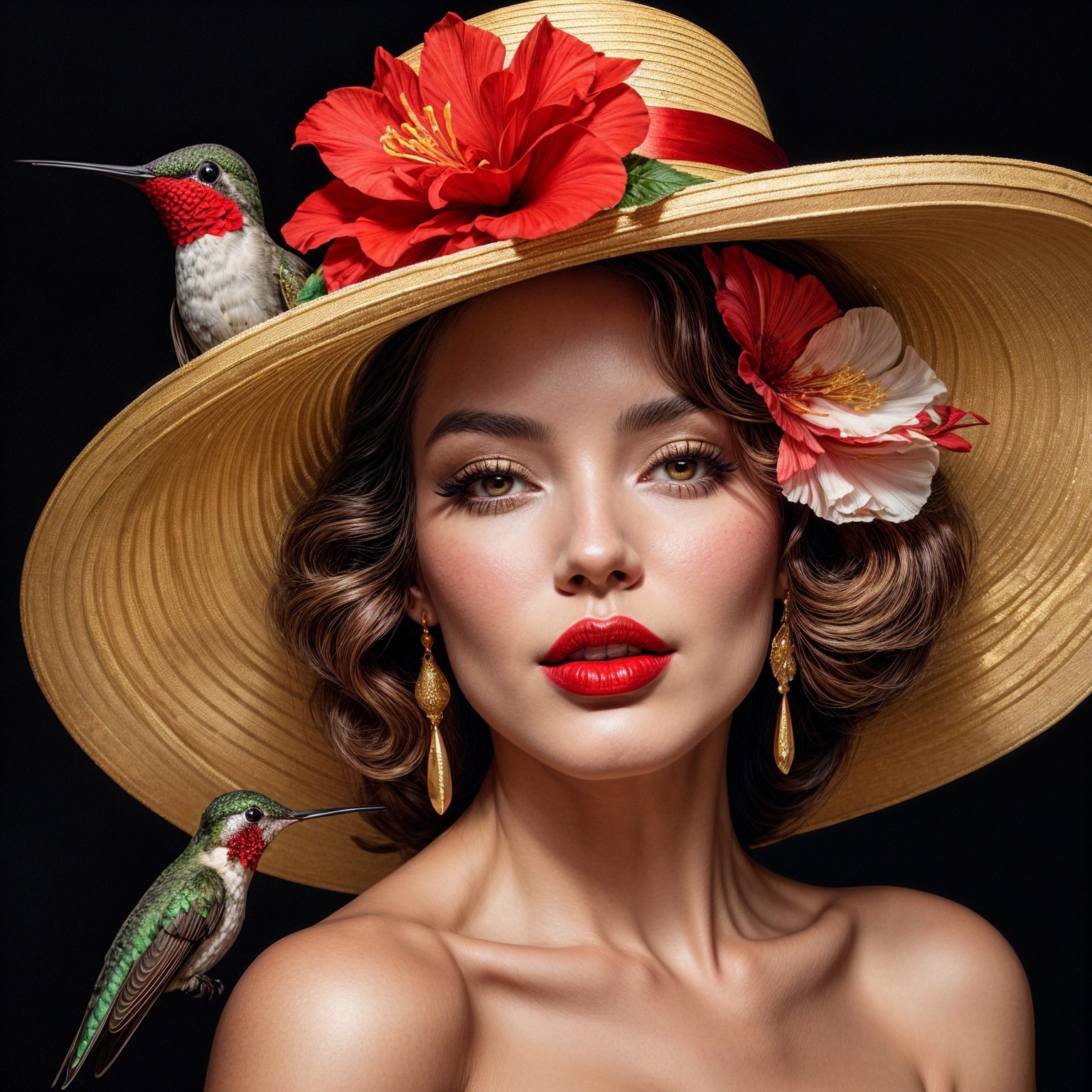 Glamorous Woman in Straw Hat with Hummingbirds