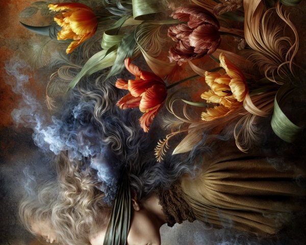 Surreal Portrait of a Blindfolded Woman with Flowers