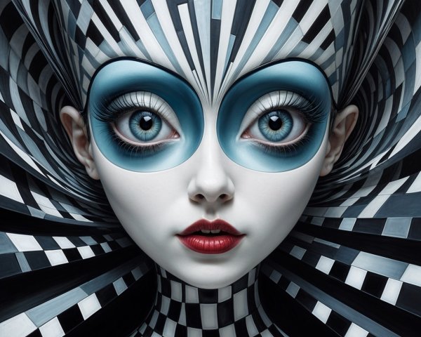 Surreal Abstract Woman with Blue Eyes and Painted Face