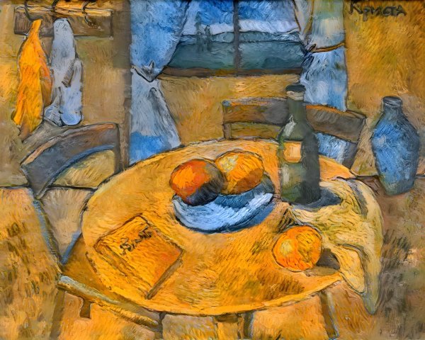 Still Life of Oranges and Bottle on Wooden Table