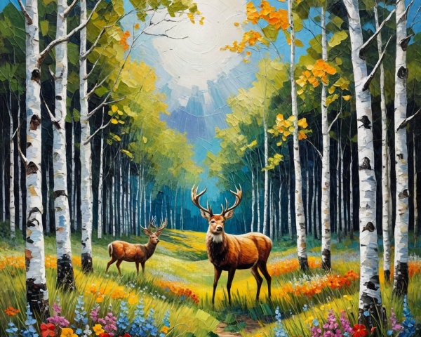 Vibrant forest scene with deer and colorful flowers