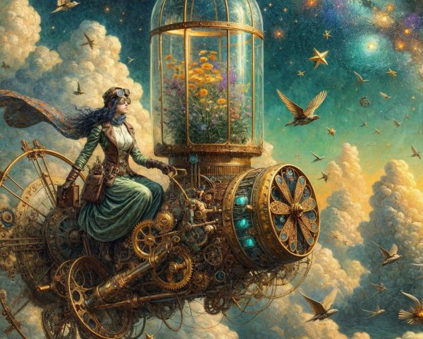 Steampunk Aviator in Celestial Sky with Floral Garden