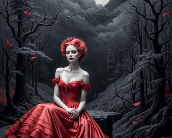 Woman in red gown on rocky outcrop in eerie landscape