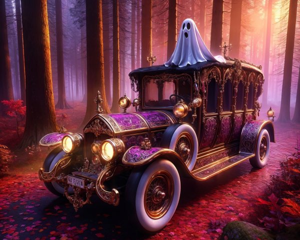Vintage hearse in mystical forest with ghostly figure