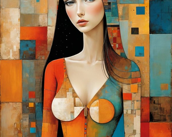 Stylized Female Figure with Vibrant Geometric Attire