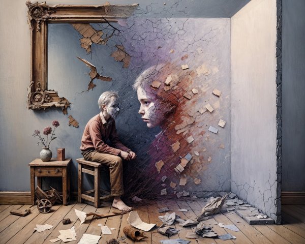 Surreal Room with Fragmented Mural and Young Boy