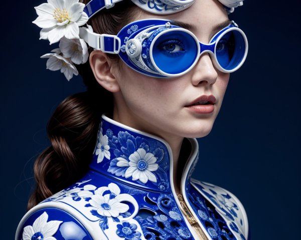 Woman in Floral Blue and White Outfit with Goggles