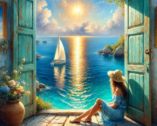 Woman by Doorway Overlooking Serene Seascape
