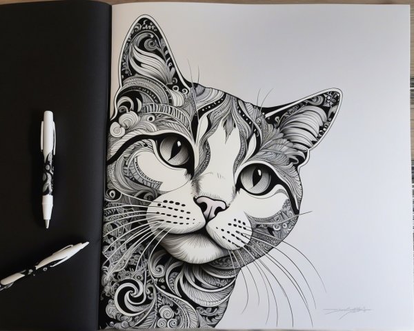 Black-and-white illustration of a cat's face design