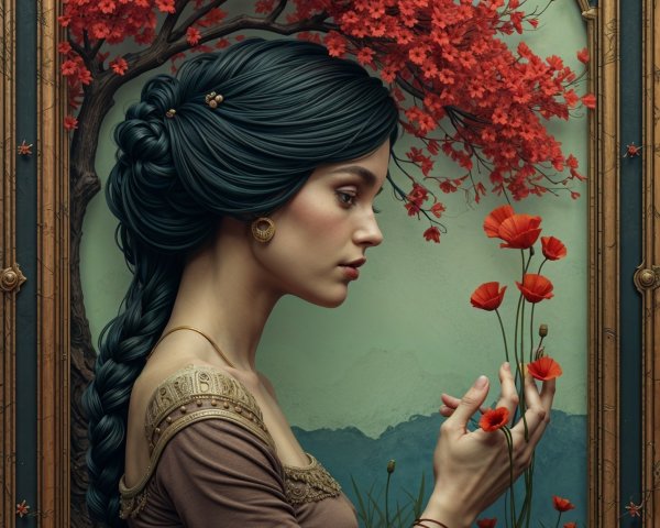 Portrait of a Woman with Jewelry and Poppy Flowers