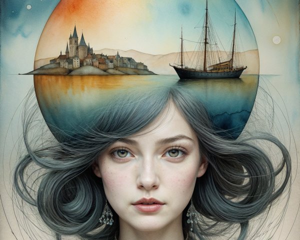 Mystical Portrait of Woman with Gray Hair and Moon