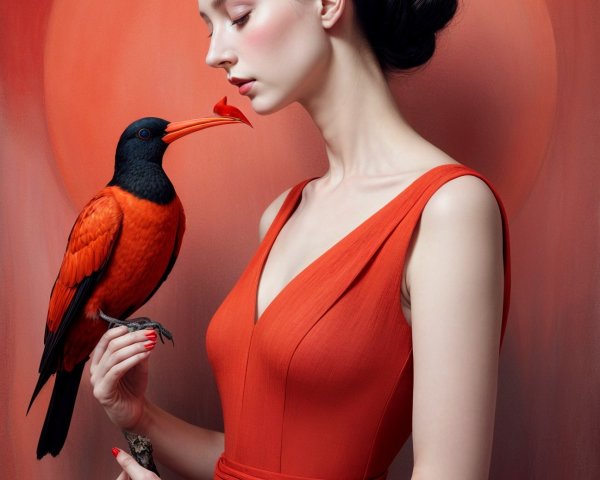 Portrait of a Woman in Red Dress with Bird