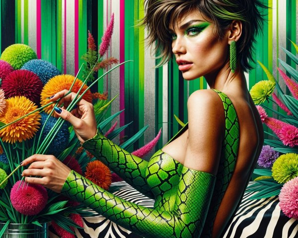 Vibrant Snake-Patterned Outfit with Colorful Backdrop